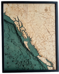 British Columbia Coast 3D wood wall map in a dark frame, layered Baltic birch cut to real depth data