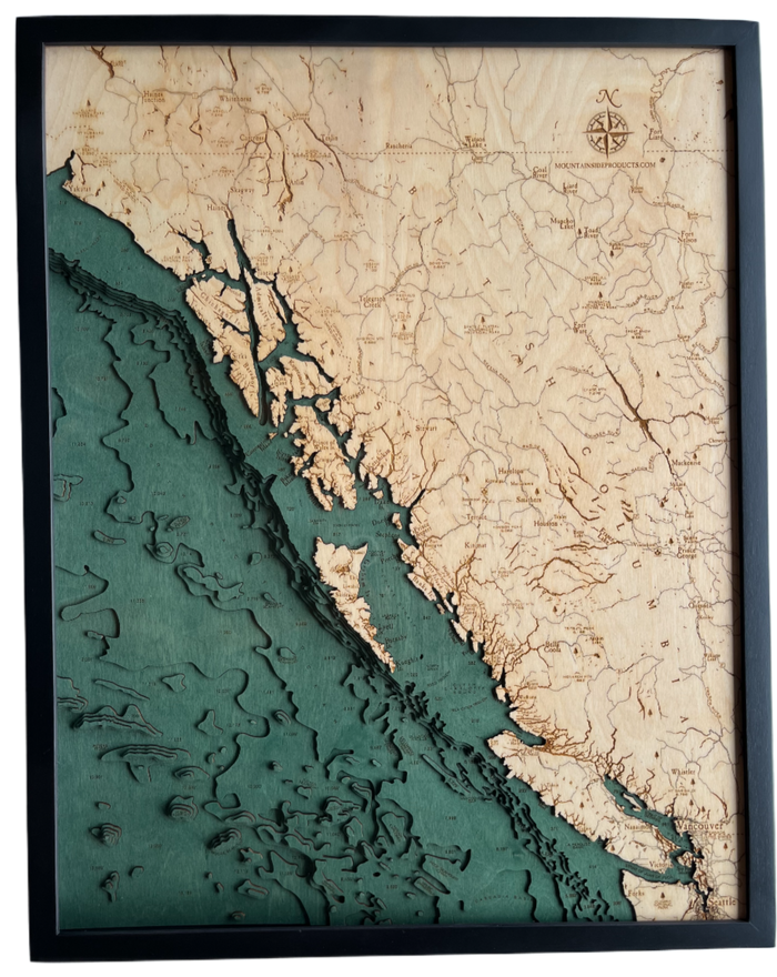British Columbia Coast 3D wood wall map in a dark frame, layered Baltic birch cut to real depth data