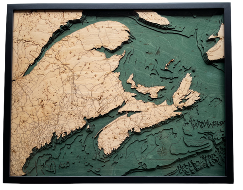 Canadian Maritimes 3D wood wall map in a dark frame, layered Baltic birch cut to real depth data