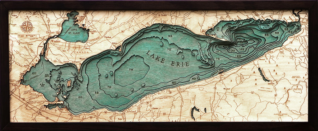 Lake Erie 3D wood wall map in a dark frame, layered Baltic birch with blue-green water