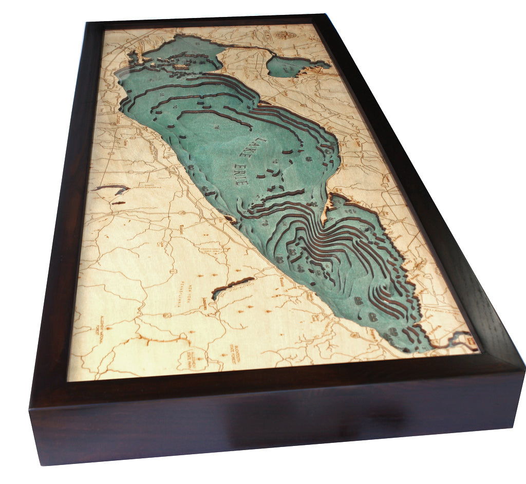 Lake Erie 3D wood wall map in a dark frame, angled to show the layered relief