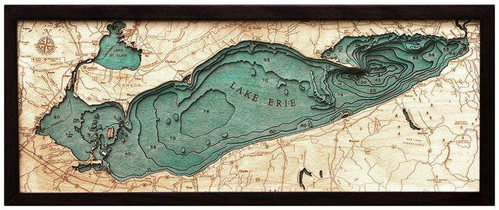 Lake Erie 3D wood wall map in a dark frame, layered Baltic birch cut to real depth data