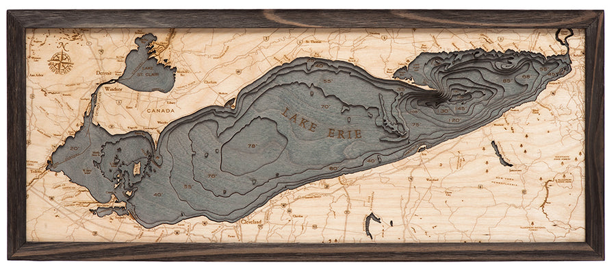 Lake Erie 3D wood wall map, grey finish with slate-stained water