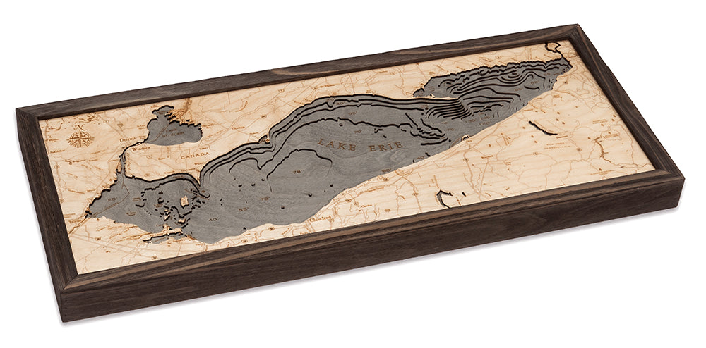 Lake Erie 3D wood wall map, grey finish, angled to show the depth layers