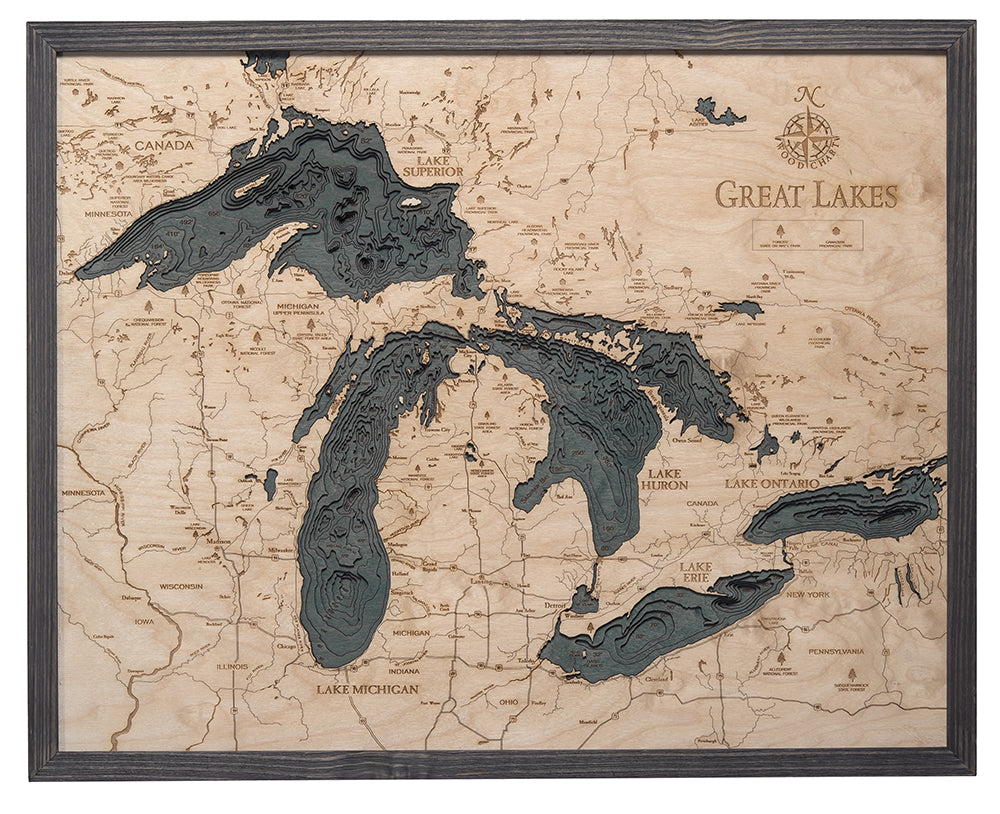 Great Lakes 3D wood wall map in a grey frame with slate-stained water