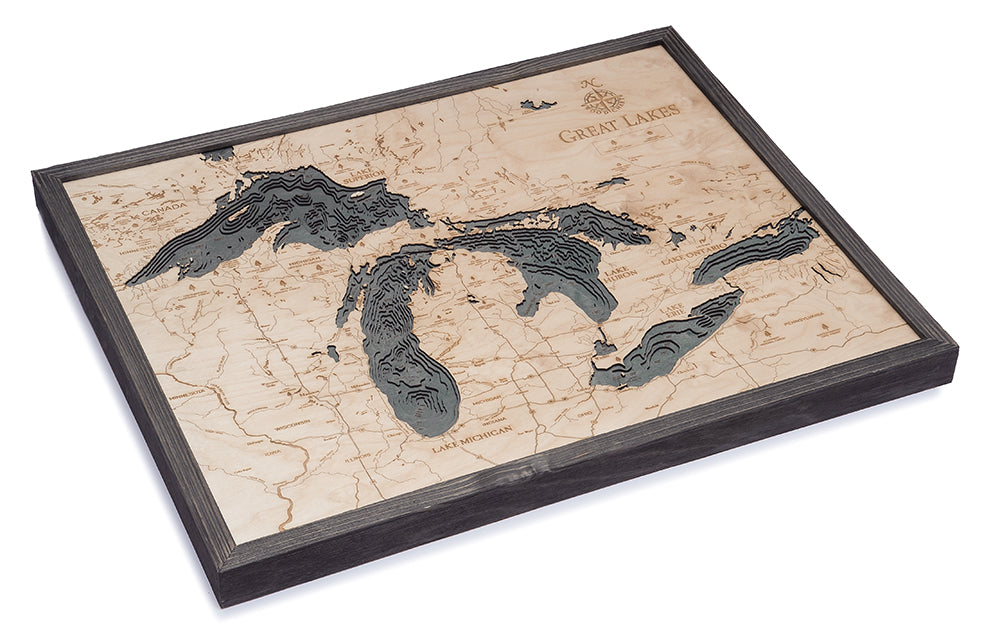 Great Lakes 3D wood wall map in a grey frame, angled to show the depth layers