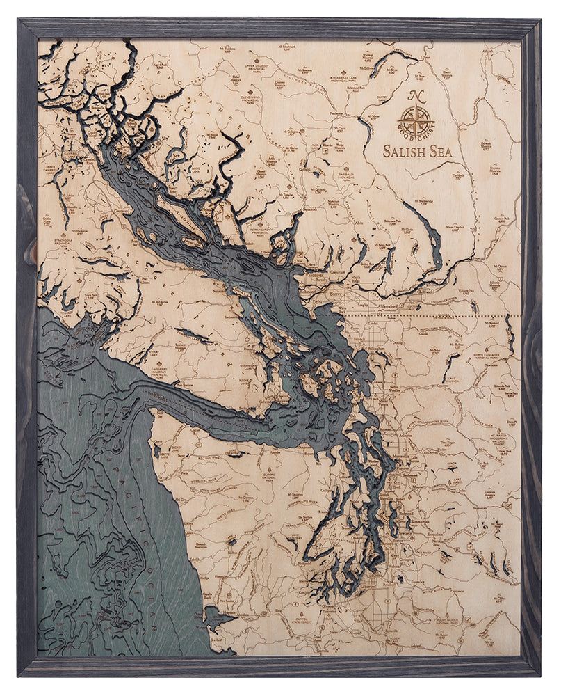 Salish Sea 3D wood wall map in a grey frame with slate-stained water