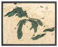 Great Lakes 3D wood wall map in a dark frame, layered Baltic birch with green-stained water