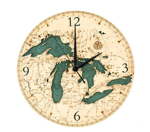 Great Lakes laser-etched Baltic birch wall clock, 30.5 cm diameter