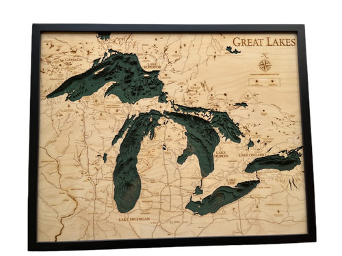 Great Lakes 3D wood wall map in a dark frame, layered Baltic birch cut to real depth data