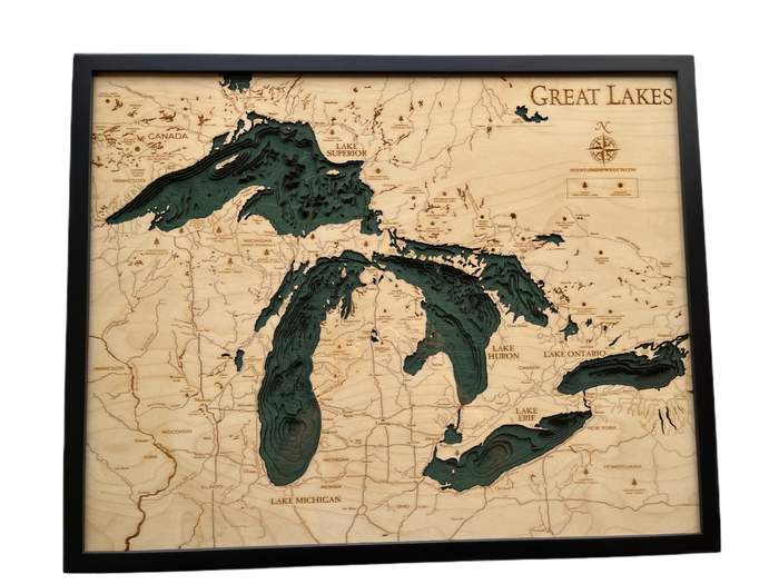 Great Lakes 3D wood wall map in a dark frame, layered Baltic birch cut to real depth data
