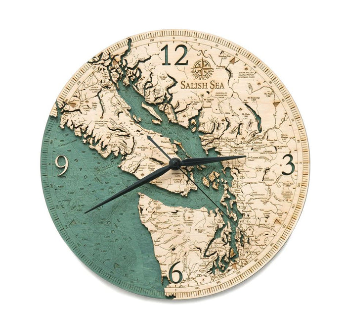 Salish Sea laser-etched Baltic birch wall clock, 30.5 cm diameter