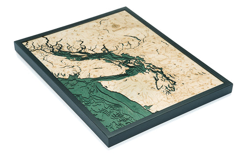 Salish Sea 3D wood wall map in a dark frame, angled to show the laser-cut depth layers