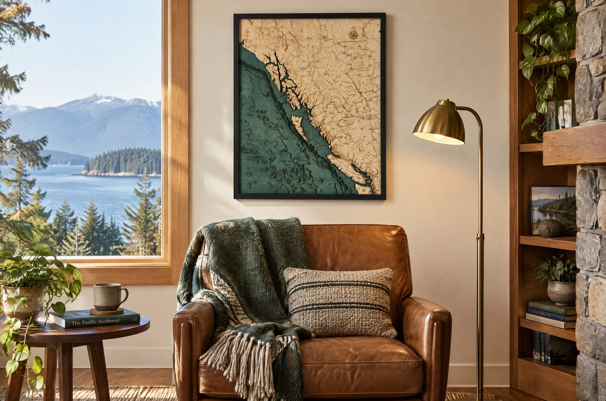 British Columbia coast layered wood map hanging beside a leather armchair and floor lamp in a reading corner