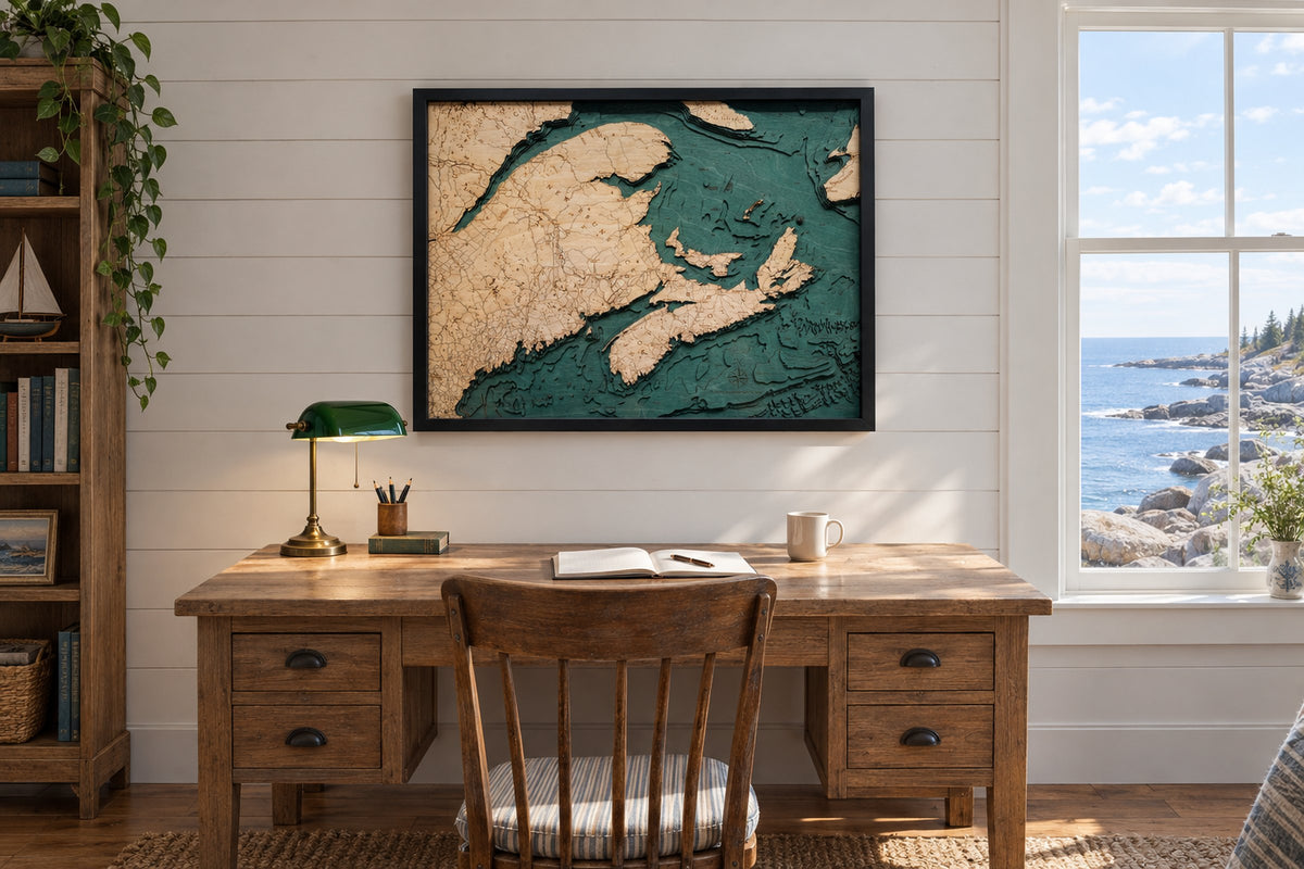 Gulf of St. Lawrence and Maritimes layered wood map hanging above a wooden desk in a seaside study