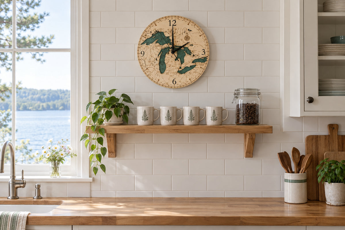 Great Lakes wood map clock on a white tiled kitchen wall above a shelf of coffee mugs
