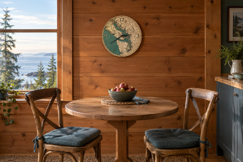 Salish Sea wood map clock on a cedar wall above a small round table by a window