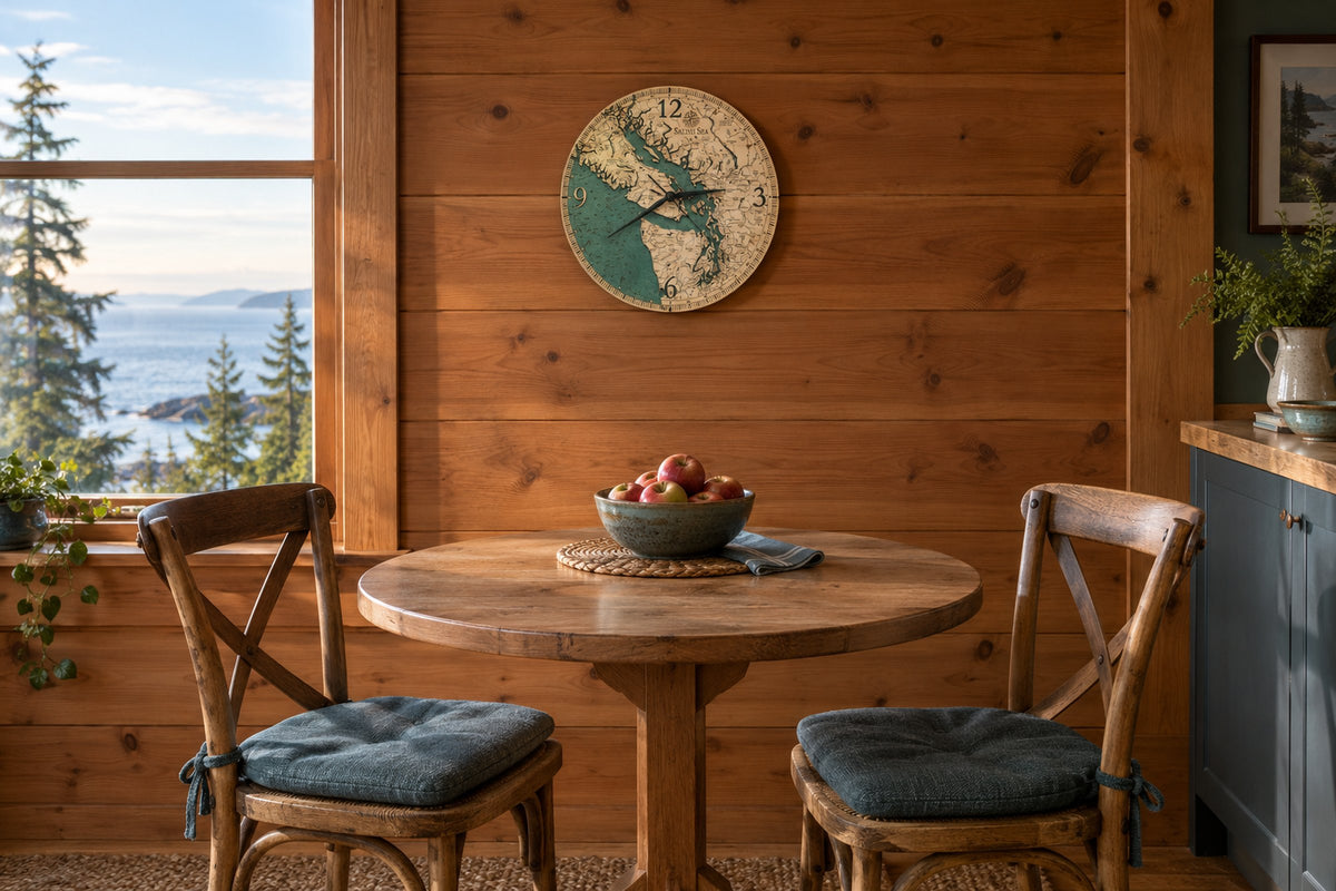Salish Sea wood map clock on a cedar wall above a small round table by a window